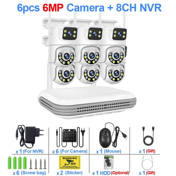 Langaton CCTV-järjestelmä, 8CH NVR, 4 kpl 6MP kaksoislinsseillä varustettuja kameroita,8CH NVR x 6 Kamera, 1T