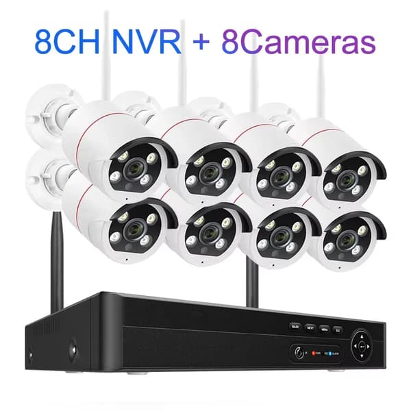 Trådlöst säkerhetssystem, 5MP upplösning, intelligent detektion,8CH NVR och 8 kameror, 1T