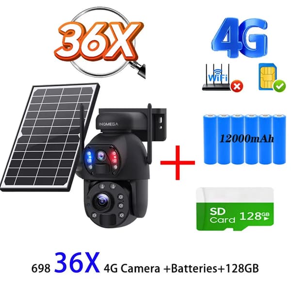 Solarsurveillancekamera, 4K opløsning, 85° synsvinkel,36X 4G 128GB