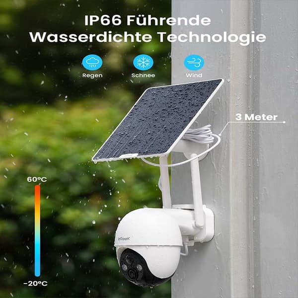 Udendørs solcelledrevet overvågningskamera, 3MP opløsning, 300° panorering, tovejs lyd