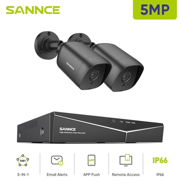 SANNCE 5MP Sikkerhedskamera System, Nattesyn op til 100ft, IP66 Vandtæt Rating,2PCS 0TB