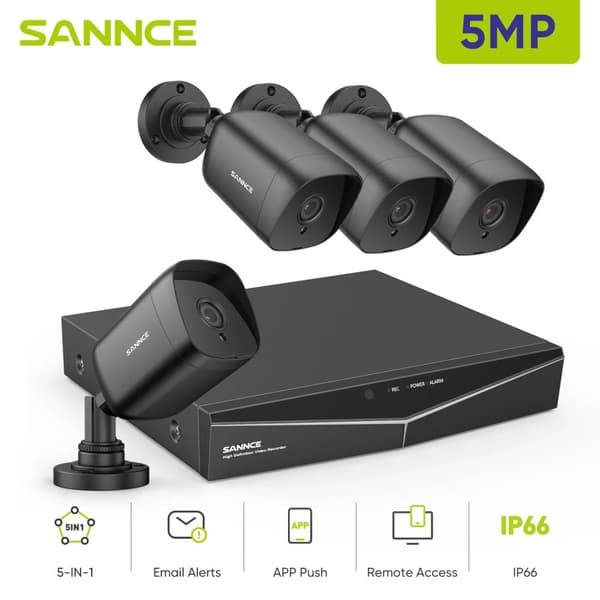 SANNCE 5MP Säkerhetskamerasystem, Nattseende upp till 30 meter, IP66 Vattentålig klassning,4ST 0TB