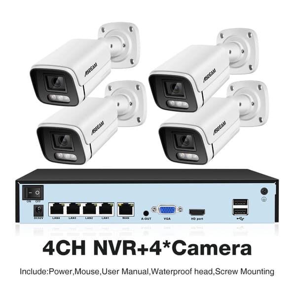 Sikkerhedskamera system, 4K opløsning, AI farve natvision,4CH NVR og 4 Kamera, 2T