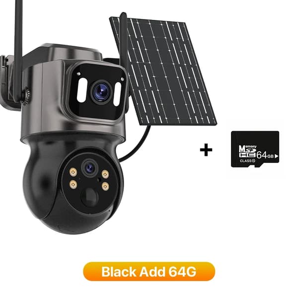 Aurinkokäyttöinen IP-turvakamera, 4MP Ultra HD, kaksoislinssejä järjestelmä,Musta Lisää 64G