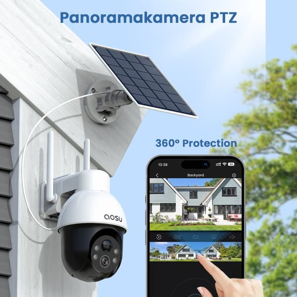 AOSU PTZ Solkamera, 5MP HD-upplösning, 360-graders täckning, tvåvägsljud