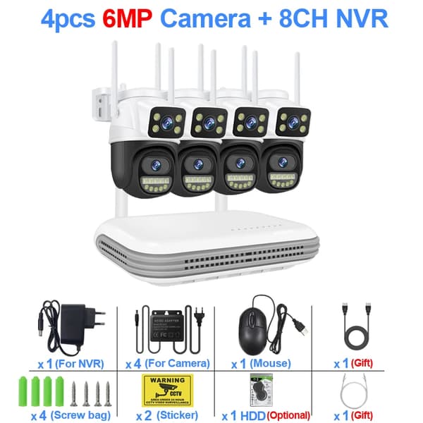 Hjemmesikkerhedssystem, 6MP opløsning, tovejskommunikation, vejrbestandigt design,500g, 8CH NVR og 4 Kamera