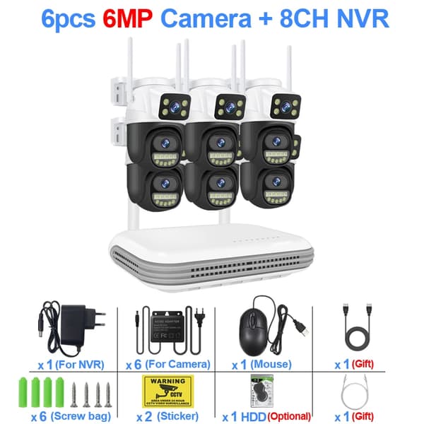 Hjemmesikkerhedssystem, 6MP opløsning, tovejskommunikation, vejrbestandigt design,500g, 8CH NVR og 6 kamera