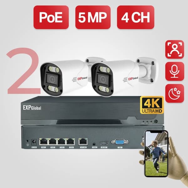 Udendørs sikkerhedskamerasystem, 5MP opløsning, smart farve natvision, kanal,1T, 1x4CH 2x5MP Kamera