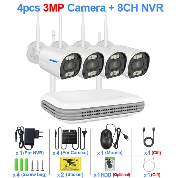 Langaton CCTV-järjestelmä, 3MP resoluutio, 8CH NVR, kaksisuuntainen ääni,500g, 8CH NVR 4 Kameraa 3MP