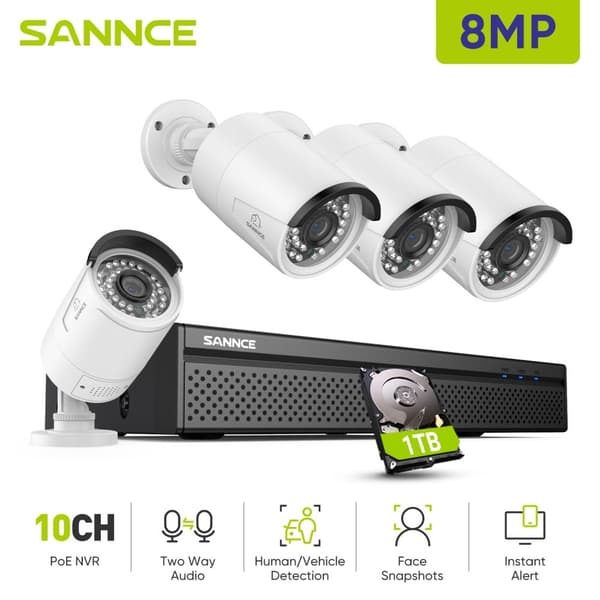 8MP POE Sikkerhedskamera System, To-Vejs Lyd, Nattesyn op til 100ft,4STK 1TB
