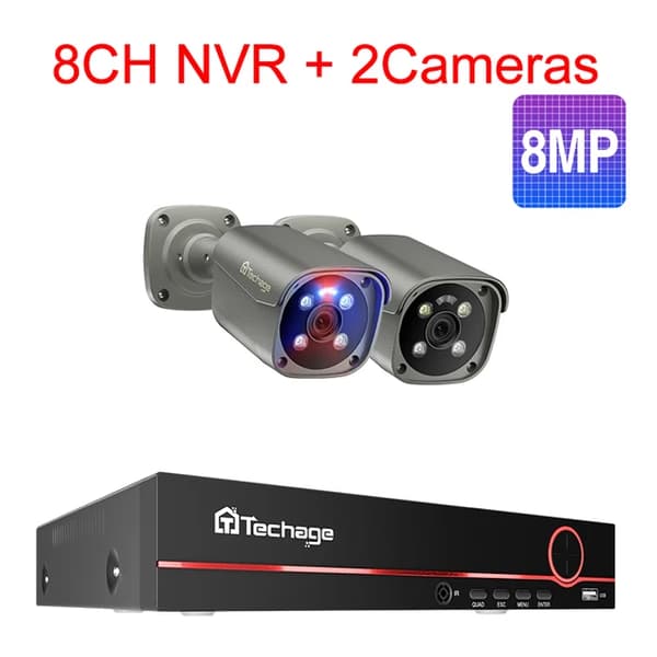 Säkerhetskamerasystem, 4K HD-upplösning, tvåvägsljud, 3T (utomhusaktiviteter), 8CH 2 st 8MP kamera