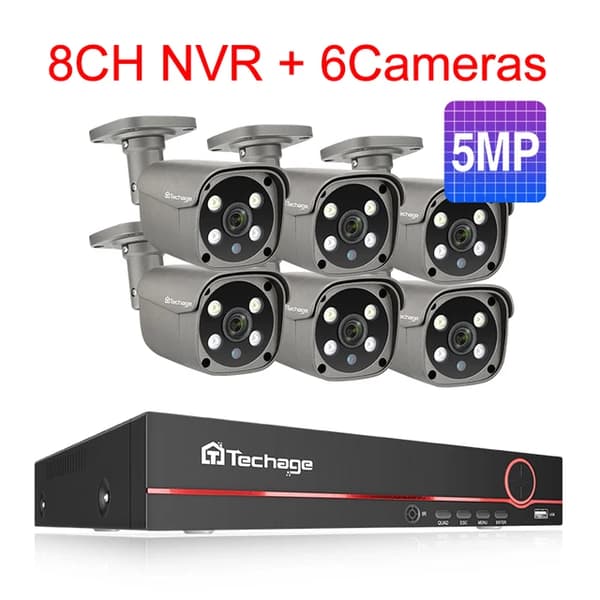 Sikkerhedskamera system, 4K HD opløsning, To-vejs lyd, 3T (udendørs sport), 8CH 6 stk 5MP kamera