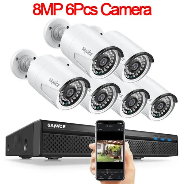 SANNCE NVR Övervakningskamerasystem, 8MP Video Upplösning, 8CH POE Stöd,Ingen, 8MP 6Pcs Kamera