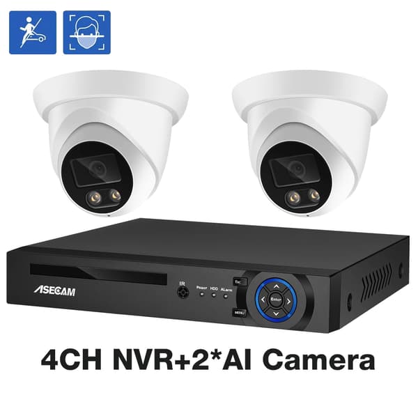 8MP Sikkerhedskamerasystem, AI Bevægelsesdetektion, IP66 Vandtæt, Fjernadgang,Ingen, 4CH NVR 2 AI Kamera