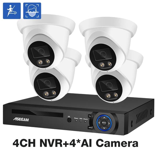 8MP Sikkerhedskamerasystem, AI Bevægelsesdetektion, IP66 Vandtæt, Fjernadgang,4CH NVR 4 AI Kamera, ToT