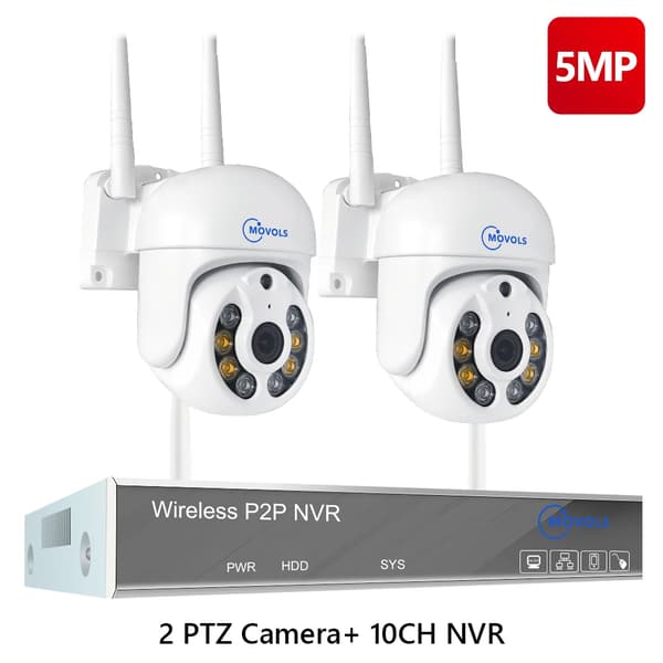 Trådlöst CCTV-system, 10CH NVR, AI-mänsklig detektion,10CH 5MP med 2 PTZ, 1T