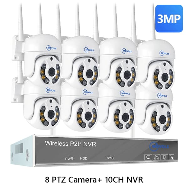 Trådlöst CCTV-system, 10CH NVR, AI-mänsklig detektion,10CH 3MP med 8 PTZ, 4T