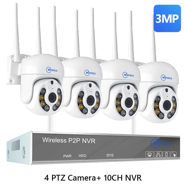 Trådlöst CCTV-system, 10CH NVR, AI-mänsklig detektion,10CH 3MP med 4 PTZ, 2T