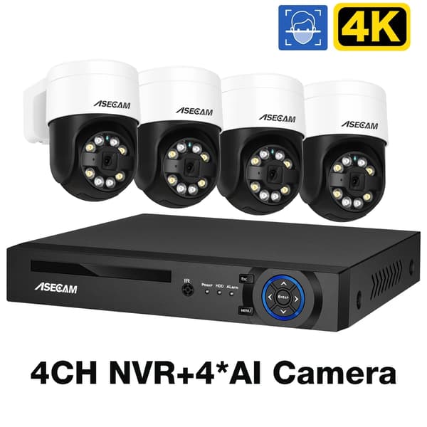 Sikkerhedskamera system, 8MP opløsning, ansigtsgenkendelsesteknologi, 1T, 4CH NVR 4 AI kamera