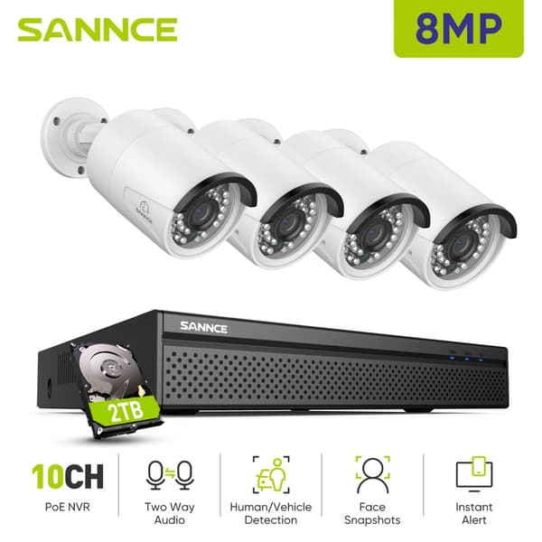 8MP CCTV Overvågningssystem, PoE, Smart Detektion, To-Vejs Lyd,4 stykker 2TB