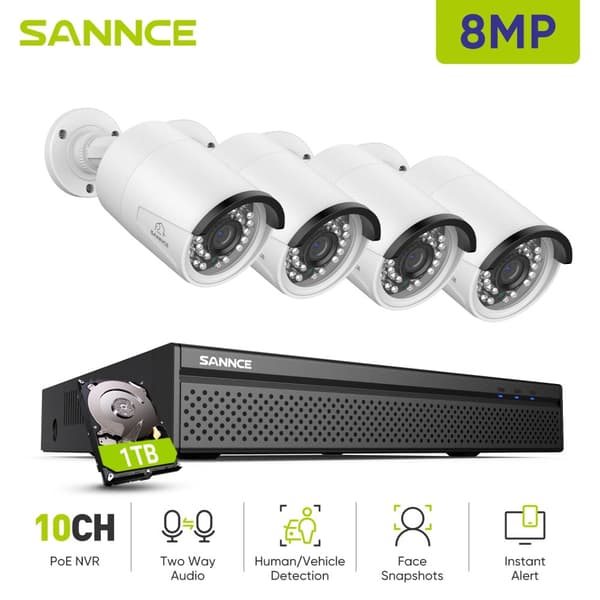 8MP Övervakningssystem för CCTV, PoE, Smart Detektering, Tvåvägs Ljud, SSD4 stycken 1TB SSD