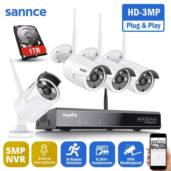 Overvågningskit, 3MP opløsning, natvision op til 30 meter, vejrbestandig IP66,4PCS 1TB