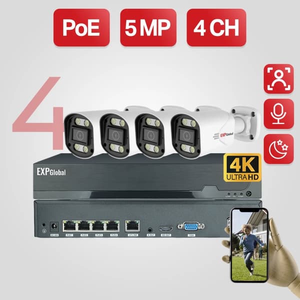 Säkerhetskamerasystem, 5MP upplösning, kanal-ingång, smart färg-nattseende,4CH 4 Kula Kamera, 1T