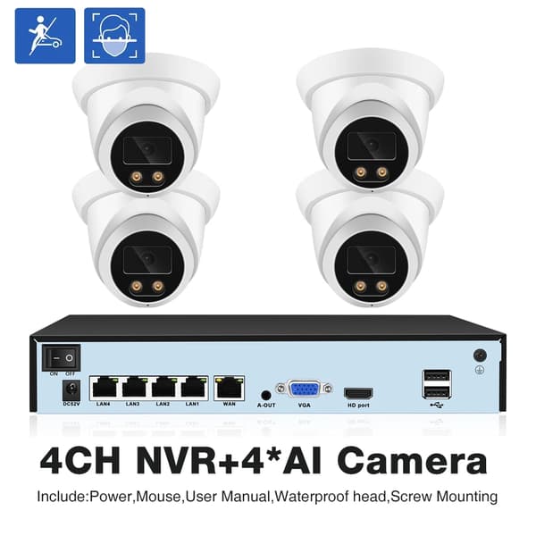 CCTV-kamerasystem, 8MP opløsning, smart AI ansigtsgenkendelse, natvision,4CH NVR 4 AI Kamera, 2T
