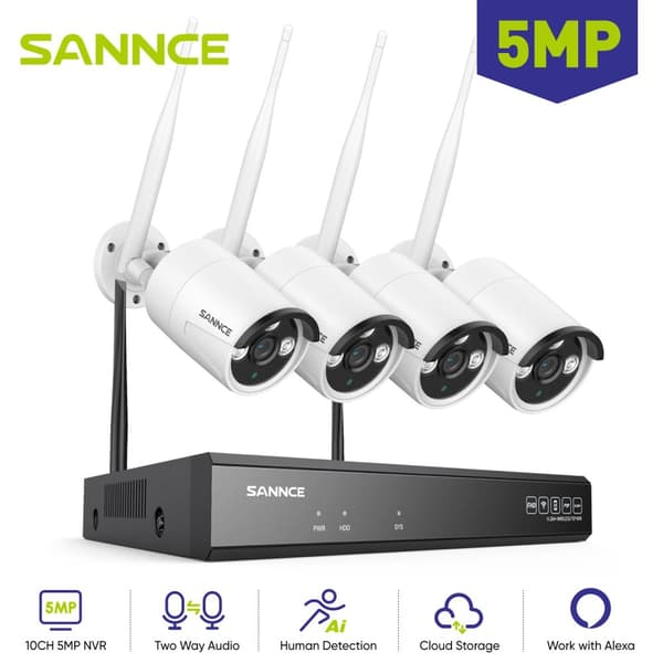 Sikkerhedssystem, 5MP videoopløsning, 10CH trådløs indgang, nattevision op til 30 meter,Ingen, 4PCS KAMERER