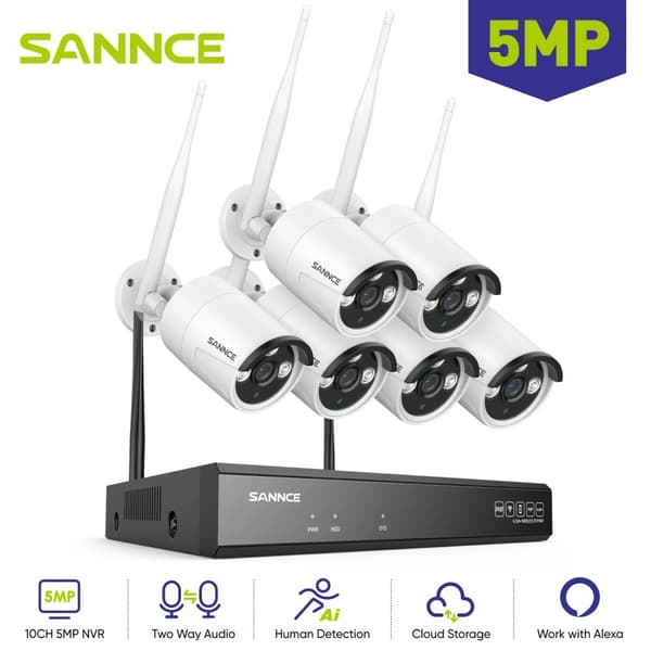 Sikkerhedssystem, 5MP videoopløsning, 10CH trådløs indgang, nattevision op til 30 meter,6PCS KAMERER, 1T