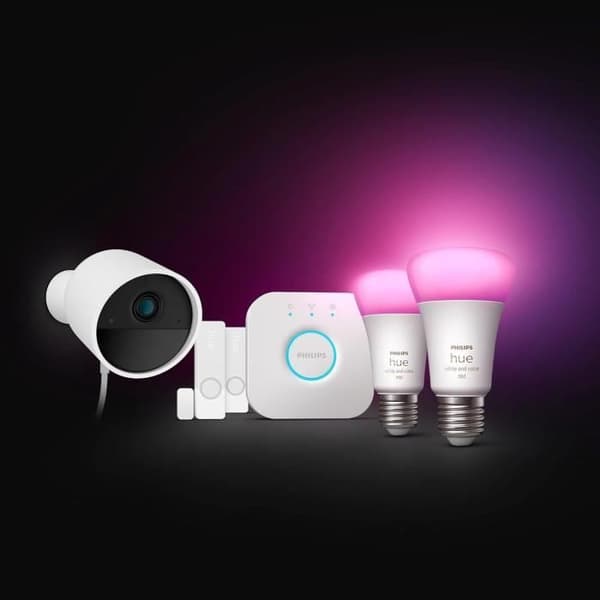 Startkit - Philips Hue - Säkert - Inkluderar: 1 trådbunden kamera + 2 kontakt sensorer + 2 smarta glödlampor + 1 brygga