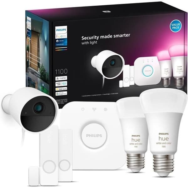 Startkit - Philips Hue - Säkert - Inkluderar: 1 trådbunden kamera + 2 kontakt sensorer + 2 smarta glödlampor + 1 brygga