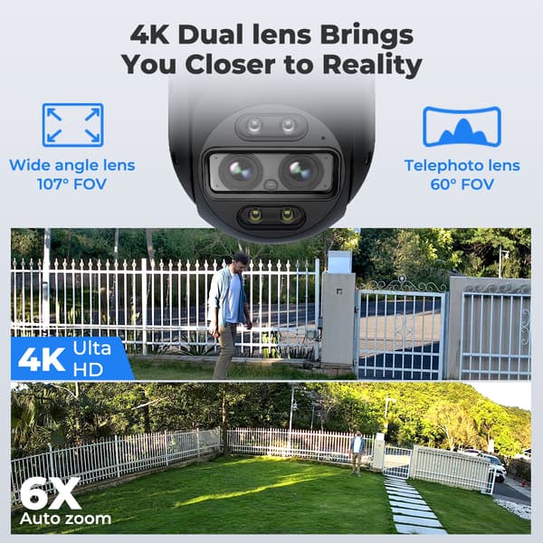 Udendørs sikkerhedskamera, 8MP opløsning, dual-linse med hybrid zoom