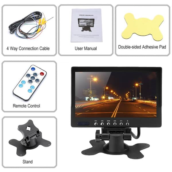 7" LCD Bilskärm, 800x400, Solskydd, 4st video in, Split video view