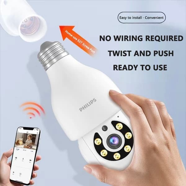 Philips Lampeovervågningskamera WiFi Lampeovervågningskamera Trådløst udendørs lyspære Kamera Bevægelsesdetektering Hjemmeovervågningskamera
