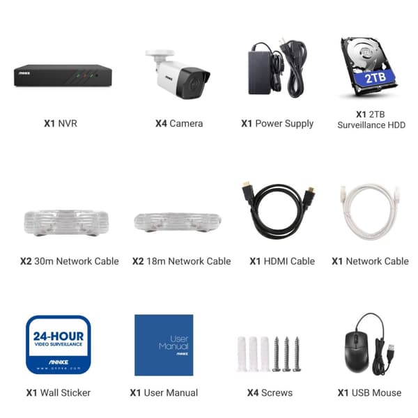Övervakningspaket med 4st IP Kameror, POE, PUSH Notifikationer, IR mörkersyn, ljud, IP67, 2TB, WIFI