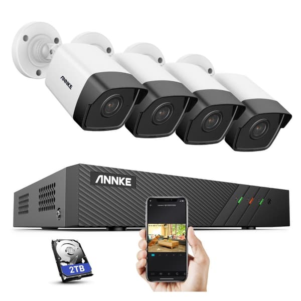Övervakningspaket med 4st IP Kameror, POE, PUSH Notifikationer, IR mörkersyn, ljud, IP67, 2TB, WIFI