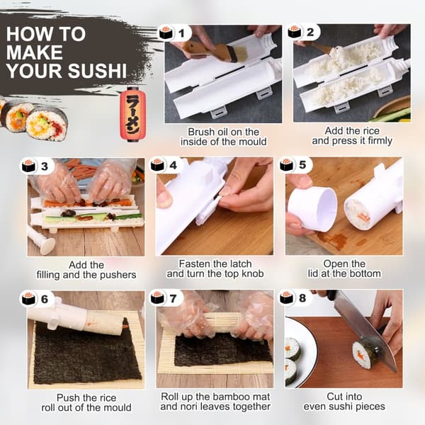 Sushi Maker Set i Vitt med Bambumatta - Livsmedelssäker ABS+PP, Enkel Att Använda, Perfekt för Hemma och Picknick