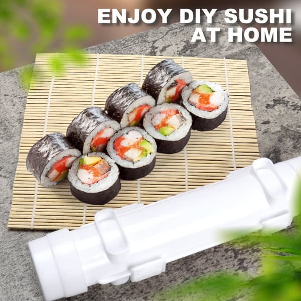 Sushi Maker Set i Vitt med Bambumatta - Livsmedelssäker ABS+PP, Enkel Att Använda, Perfekt för Hemma och Picknick