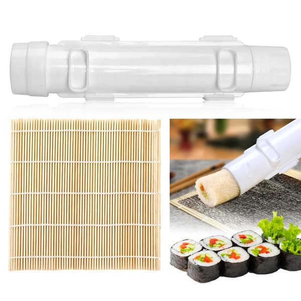 Sushi Maker Set i Vitt med Bambumatta - Livsmedelssäker ABS+PP, Enkel Att Använda, Perfekt för Hemma och Picknick