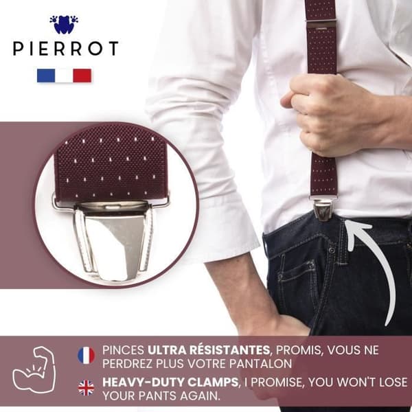 Suspender - PIERROT - Vintage - Justerbara upp till 130cm - 100% Fransk - Brun