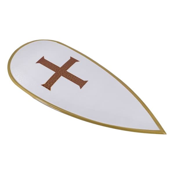 Metallsköld, förlängd templarmodell S4001, i metall med bakfjädrar att hänga upp för dekoration, mått 9'