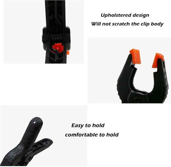 Set med 4 nylon fjädrande klämmor, klämmor med stort klämområde, maximal öppning på 75 mm, för studior