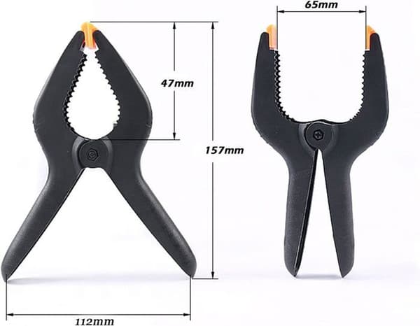 Set med 4 nylon fjädrande klämmor, klämmor med stort klämområde, maximal öppning på 75 mm, för studior