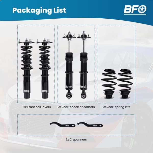 BFO Coilover Justerbara Stötdämpare, Kompatibla med BMW E46, Höjdjusterbara 25-75mm, Tvårörs Stötdämpartyp