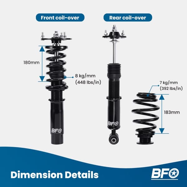 BFO Coilover Justerbara Stötdämpare, Kompatibla med BMW E46, Höjdjusterbara 25-75mm, Tvårörs Stötdämpartyp