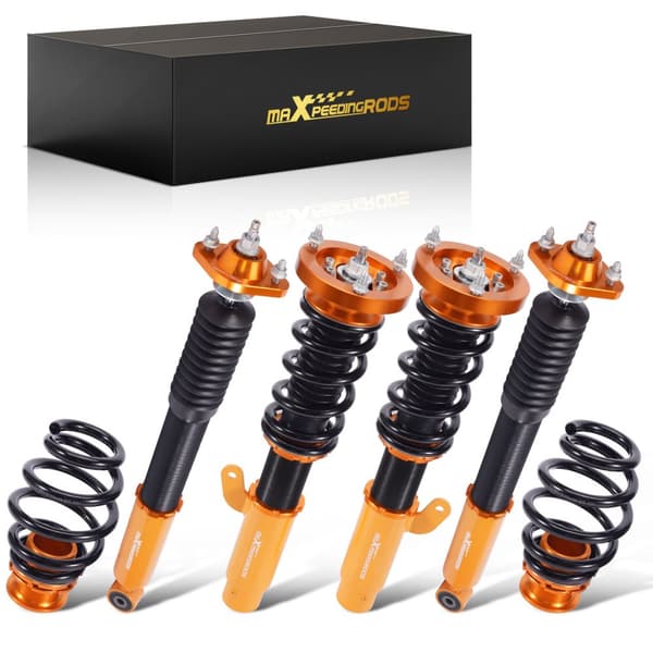 Coilover-jousitus BMW E46:lle, 24-portainen säädettävä iskunvaimennus, ajokorkeus säädettävissä, korkean jäykkyyden jouset.