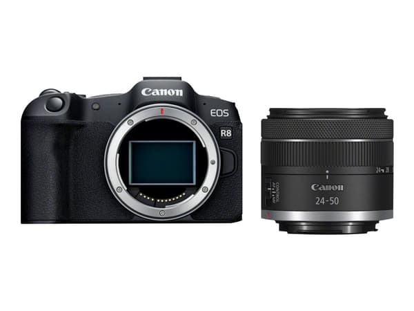 Canon EOS R8 - Digitalkamera - speilløst - 24.2 MP - Full Frame - 4K / 60 fps - 2optisk x-zoom RF 24-50 mm F4.5-6.3 IS STM-objektiv - Wi-Fi, Bluetoot Sort