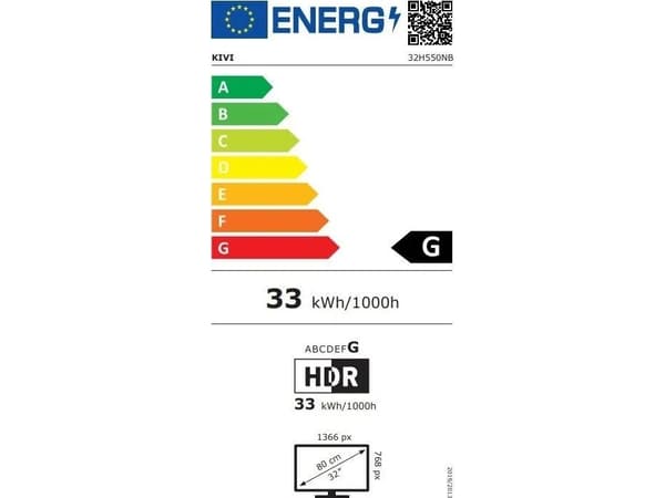 Kivi TV 32', HD, Nosmart, Sort, 1366x768, 60 Hz, , 2x8W, 33 kWh/1000h, HDMI-porter 2, 24 måneder