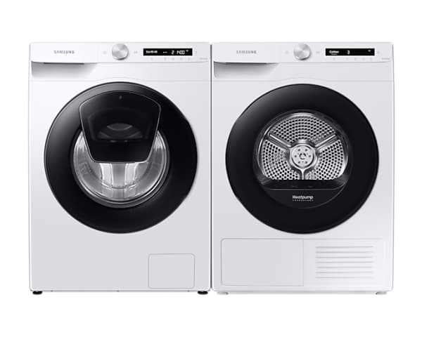 Samsung DV90T5240AW, Frittstående, Frontmatet, Varme pumpe, Hvit, Rotasjon, Berøringskontroll, Riktig/Høyre